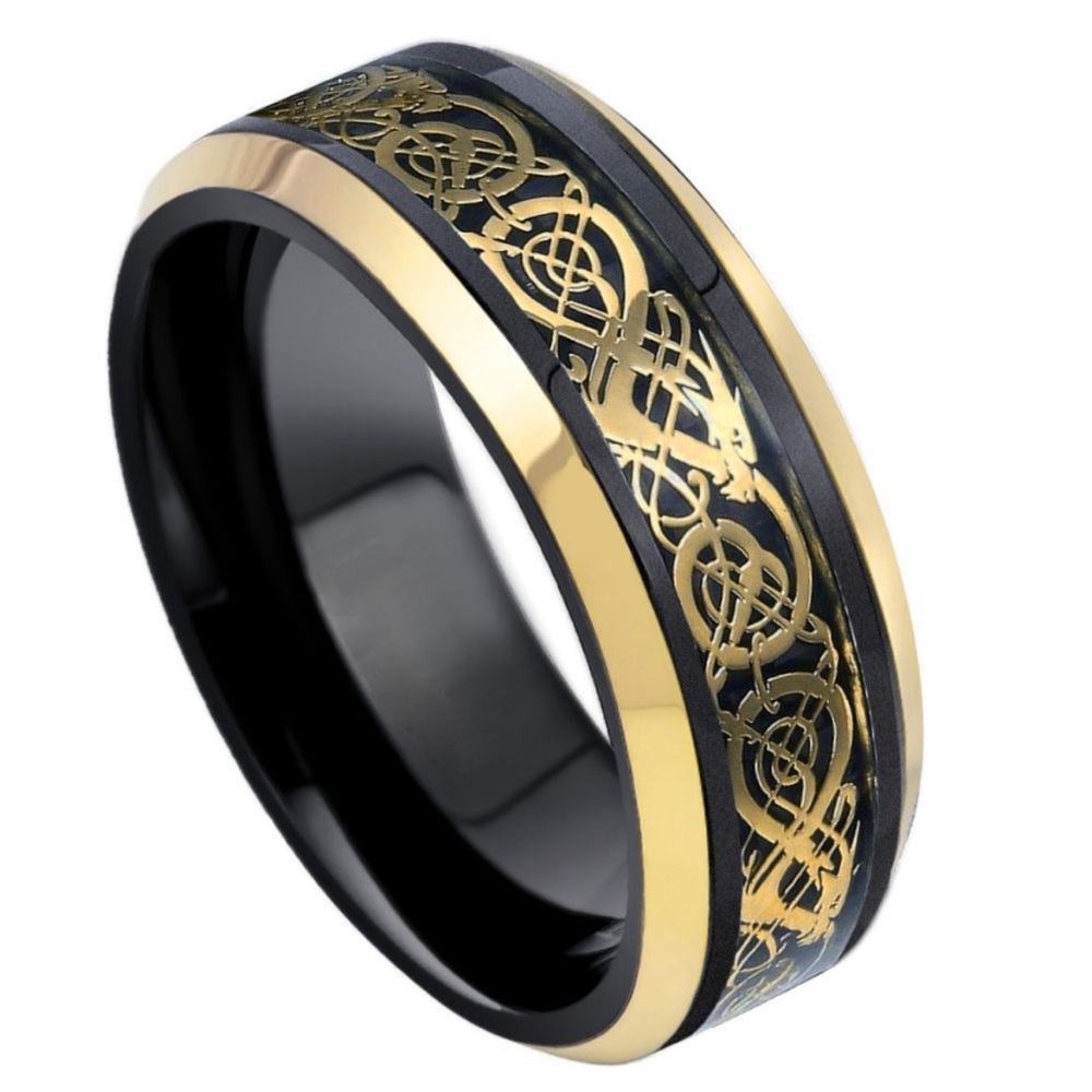 8mm Tungsten Ring black and yellow gold plated Celtic cut out design beveled